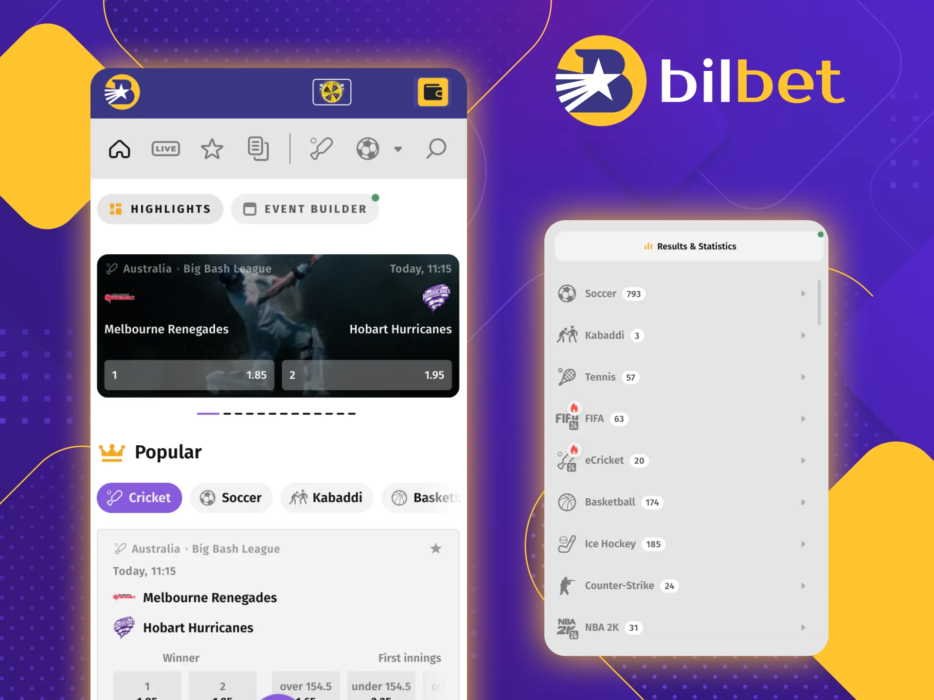 Place sports bets in the Bilbet online casino app on your phone.