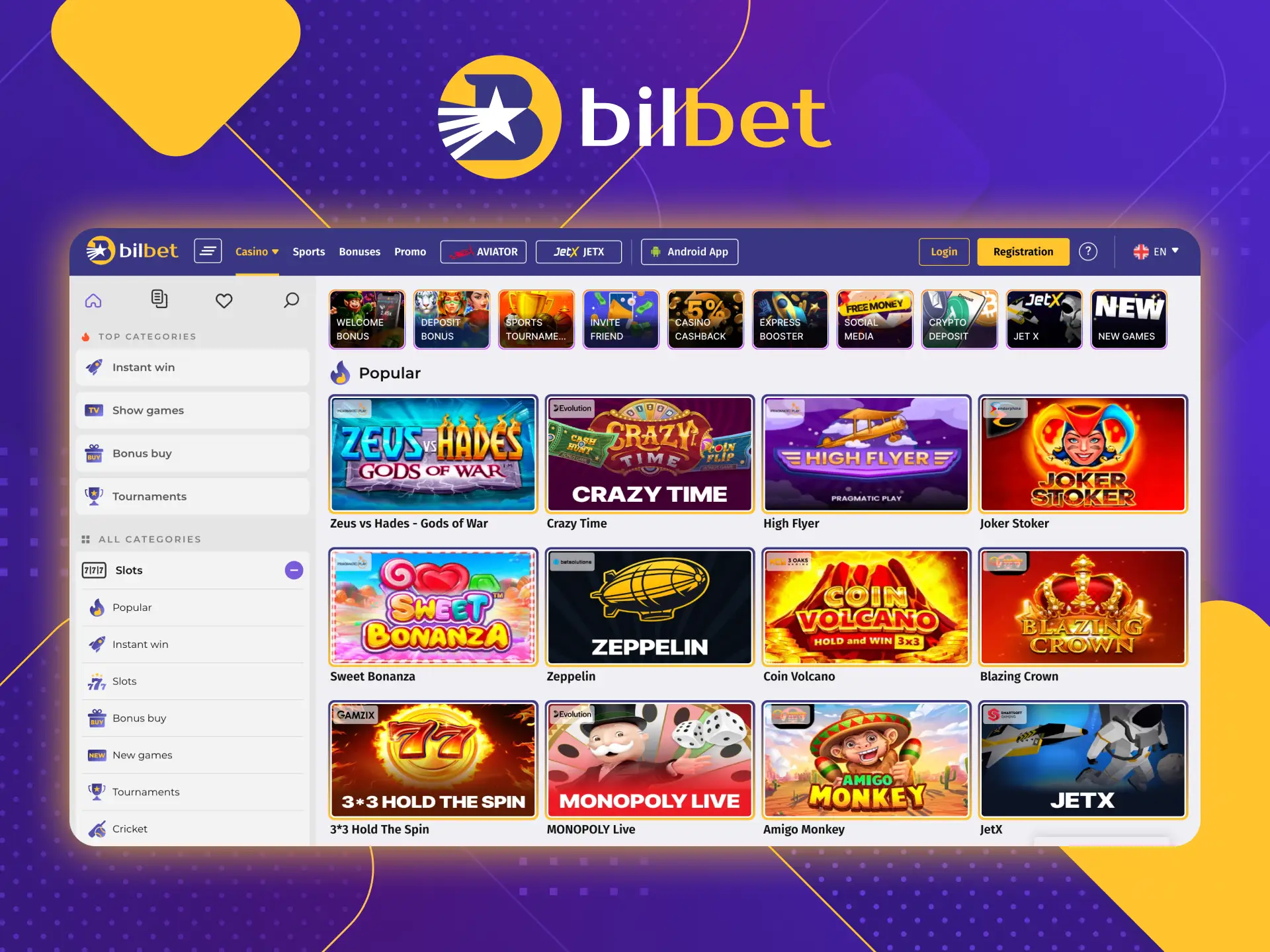 Bilbet online casino offers players a wide selection of popular casino games and bonuses for players.