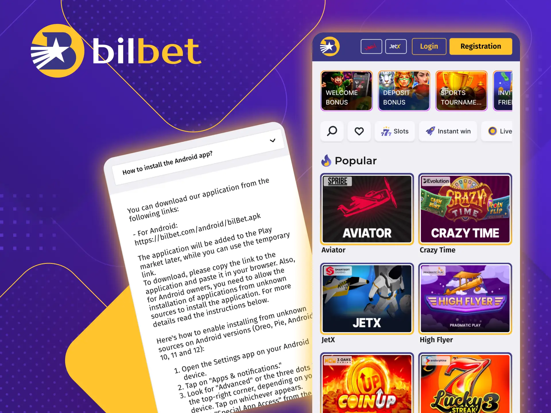 Install the Bilbet online casino application on your phone and play in a place convenient for you.