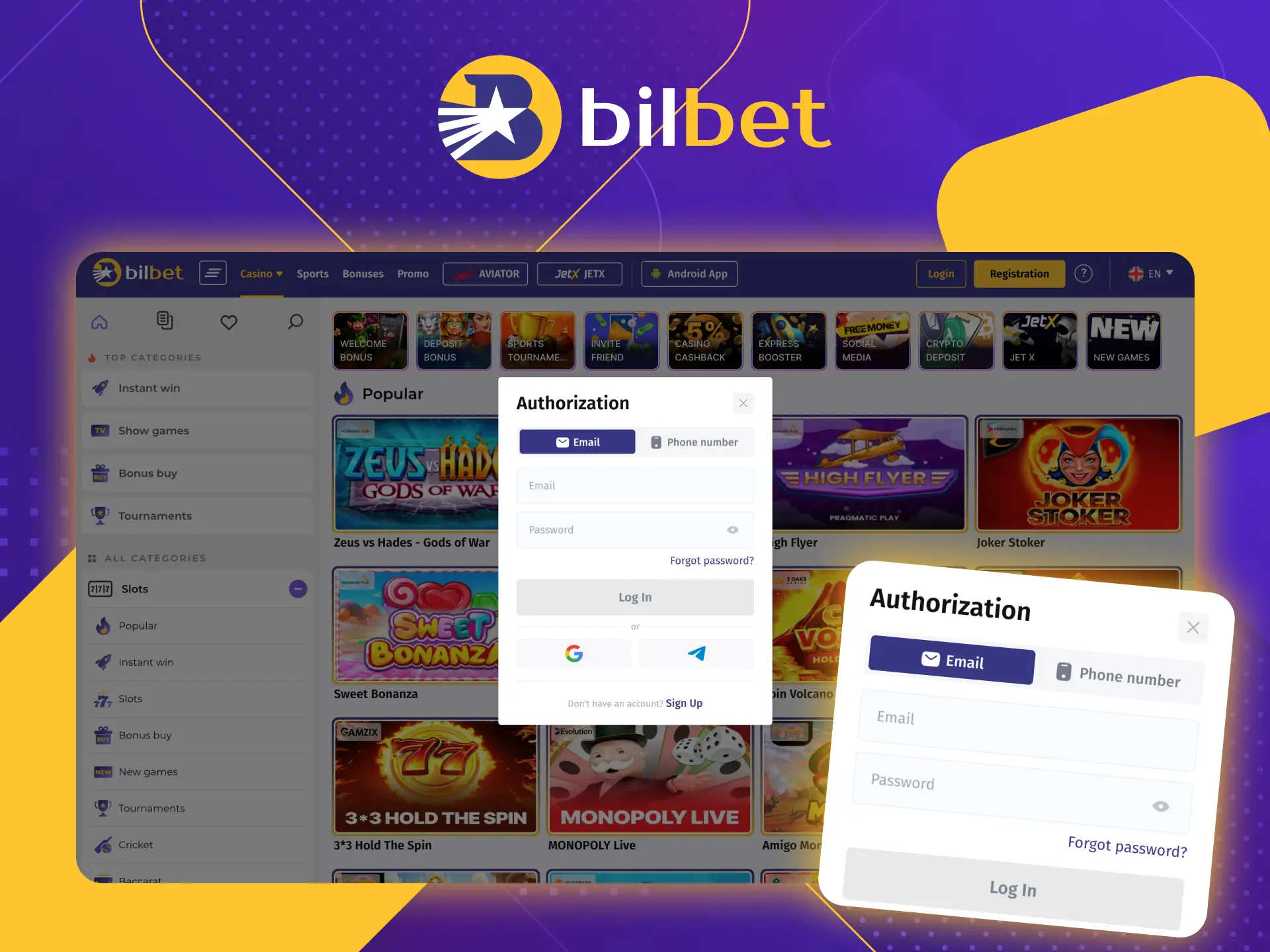 Choose a convenient way to log in to the Bilbet online casino.