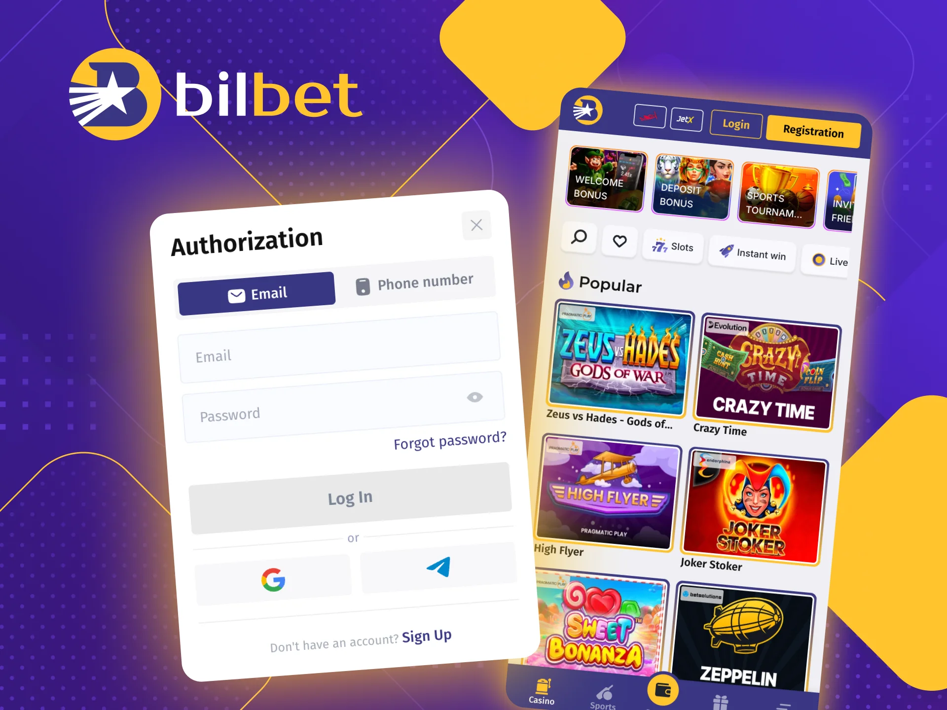 Bilbet online casino offers two login methods, you can choose any of them.