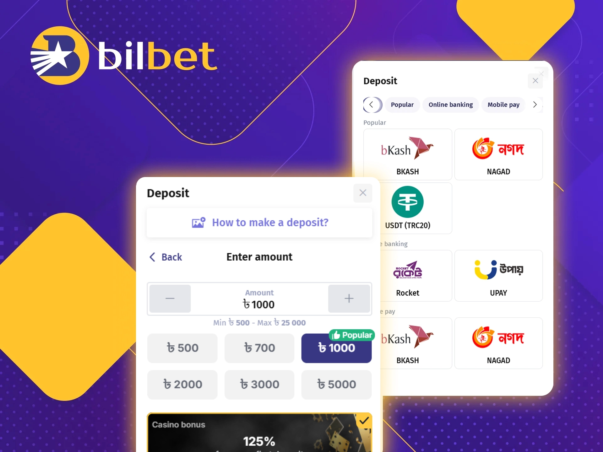 Bilbet online casino offers different deposit methods for its players.